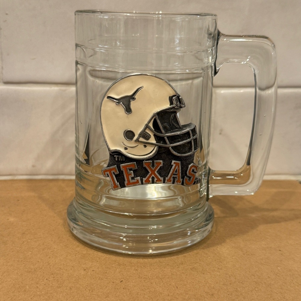 Texas Longhorns Glass Beer Mug 3D Metal Football‎ Helmet Emblem 16oz NCAA Clear